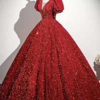 Red Sequins Long Prom Dress, A-Line Short Sleeve Formal Dress - Thumbnail 1