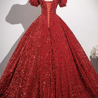 Red Sequins Long Prom Dress, A-Line Short Sleeve Formal Dress - Thumbnail 2