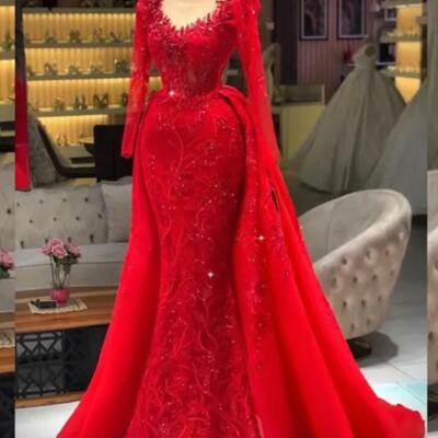 Charming red mermaid prom dresses sweetheart appliques tradicional kosovo kaftan vestido de fiesta evening gown long sleeve