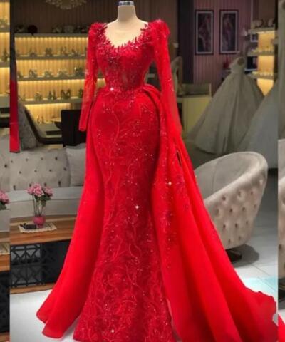 Charming Red Mermaid Prom Dresses Sweetheart Appliques Tradicional Kosovo Kaftan Vestido De Fiesta Evening Gown Long Sleeve
