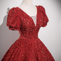 Red Sequins Long Prom Dress, A-Line Short Sleeve Formal Dress - Thumbnail 3