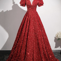 Red Sequins Long Prom Dress, A-Line Short Sleeve Formal Dress - Thumbnail 4