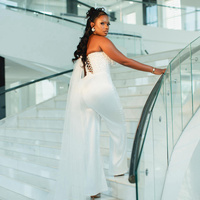 One-Piece White Jumpsuits Prom Dresses for Black Women One Shoulder Pearls Decorated Sexy Birthday Party Dress Second Reception Dress - Thumbnail 1
