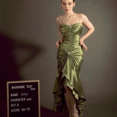 Vintage olive green sweetheart prom dresses sexy spaghetti straps dancing crystal button pleat taffeta satin evening dresses - Thumbnail 3