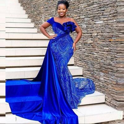 Royal Blue Mermaid Lace Prom Dresses Ruffles Sheer Neck Sweep Train Aso Ebi Evening Dress Plus Size For African Women