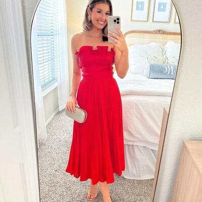 Red a line tea-length mother of the bride dresses formal evening dress