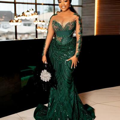 Plus size dark green mermaid prom dress lace beaded crystals evening formal party second reception 50th birthday engagement dress - Thumbnail 5