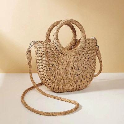 Women Summer Handwoven Straw Half-Moon Beach Handbag Large Capacity Hollow Out Crossbody Shoulder Bag