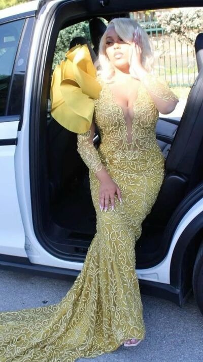 Plus Size Yellow Mermaid Prom Dress Lace Evening Formal Party Second Reception 50th Birthday Engagement Dress