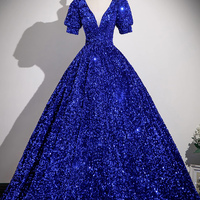 Blue Sequins Long Prom Dress, A-Line Short Sleeve Formal Dress - Thumbnail 1