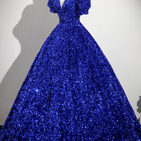 Blue Sequins Long Prom Dress, A-Line Short Sleeve Formal Dress - Thumbnail 2