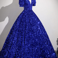 Blue Sequins Long Prom Dress, A-Line Short Sleeve Formal Dress - Thumbnail 3