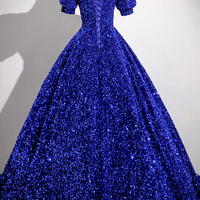 Blue Sequins Long Prom Dress, A-Line Short Sleeve Formal Dress - Thumbnail 4