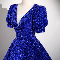 Blue Sequins Long Prom Dress, A-Line Short Sleeve Formal Dress - Thumbnail 5
