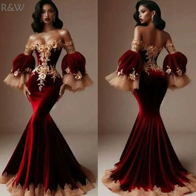Burgundy mermaid prom dresses off the shoulder flare long sleeves formal evening gowns for women gorgeous champagne 3d ral appliques dress - Thumbnail 1