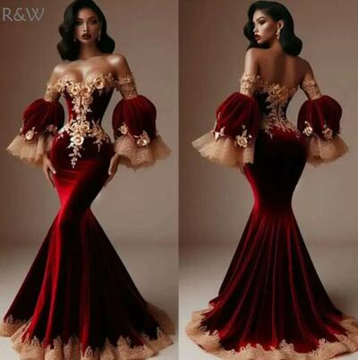 Burgundy Mermaid Prom Dresses Off The Shoulder Flare Long Sleeves Formal Evening Gowns For Women Gorgeous Champagne 3D ral Appliques Dress