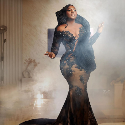 Plus size black mermaid prom dress evening dresses elegant sheer neck long sleeves beaded lace birthday dress second reception gowns