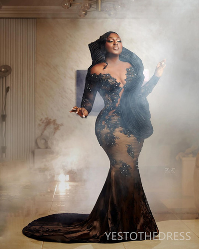 Plus Size Black Mermaid Prom Dress Evening Dresses Elegant Sheer Neck Long Sleeves Beaded Lace Birthday Dress Second Reception Gowns