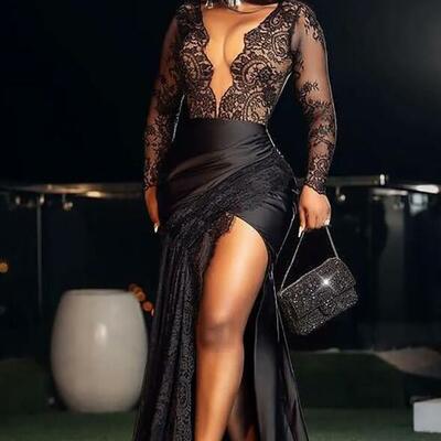 Black sexy mermaid prom dresses sexy v neck sequins beads long sleeves glitter elegant floor length high waist high side split evening formal dresse - Thumbnail 3