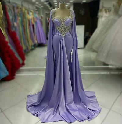 Lavender Elegant Evening Dresses Sheer Neck Mermaid Elastic Satin Crystals Prom Dresses for Special Occasions Promdress Second Reception Gowns