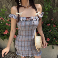 Retro style ruffled one-shoulder pleated slim-fit plaid hip dress - Thumbnail 2