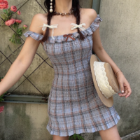 Retro style ruffled one-shoulder pleated slim-fit plaid hip dress - Thumbnail 1