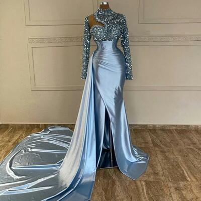 Modern crystals sequin beaded long prom dresses with detachable train front split satin evening gowns full sleeves mermaid special occasion dress