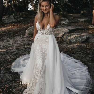  sexy sheath lace wedding dress, detachable train bridal dress bridal gown
