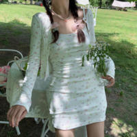 Retro girly floral elastic waist suspender skirt knitted cardigan two-piece set - Thumbnail 2