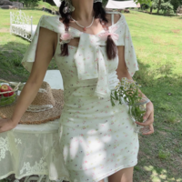 Retro girly floral elastic waist suspender skirt knitted cardigan two-piece set - Thumbnail 3