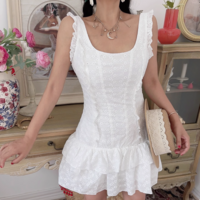 Lace Design Short Dress Ruffle Sleeveless Mini Dress - Thumbnail 4