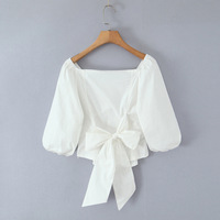 Bowknot puff sleeve shirt Square collar puff sleeve short sleeve shirt - Thumbnail 3