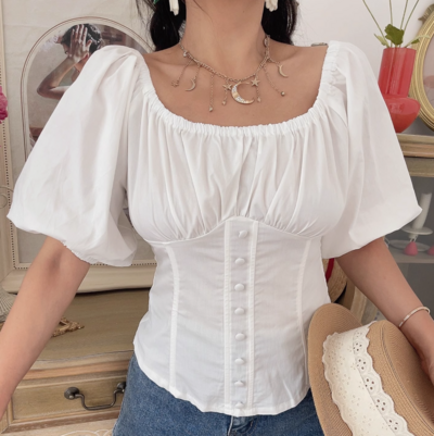 Bowknot puff sleeve shirt Square collar puff sleeve short sleeve shirt