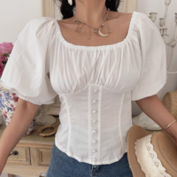 Bowknot puff sleeve shirt Square collar puff sleeve short sleeve shirt - Thumbnail 5