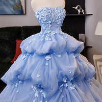 Blue Tulle Flowers Long A-Line Prom Party Dress  - Thumbnail 1