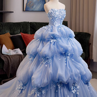 Blue Tulle Flowers Long A-Line Prom Party Dress  - Thumbnail 2