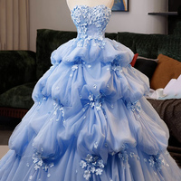 Blue Tulle Flowers Long A-Line Prom Party Dress  - Thumbnail 3