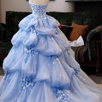 Blue Tulle Flowers Long A-Line Prom Party Dress  - Thumbnail 4