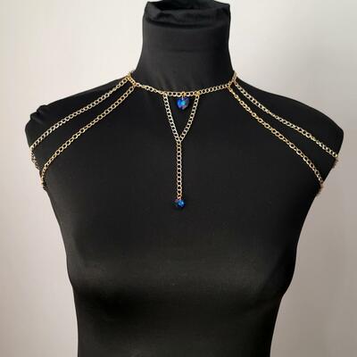Handmade gold shoulder chain with blue heart charms