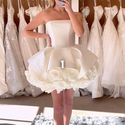 Short strapless wedding gown bridal dresses with handmade flowers