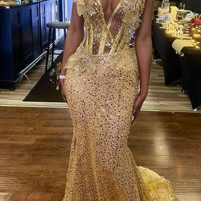 Gold sheath prom dresses beading crystals evening gowns african girls formal party occasion gowns custom - Thumbnail 2
