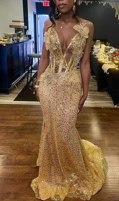 Gold Sheath Prom Dresses Beading Crystals Evening Gowns African Girls Formal Party Occasion Gowns Custom