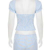 One-shoulder lace wave collar striped top low waist straight shorts sweet girl casual suit - Thumbnail 3