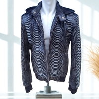 Varsity Snakeskin Leather Jacket with Removable Hoodie - Thumbnail 1