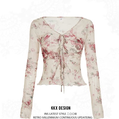 V-neck tie cardigan see-through mesh retro floral blouse