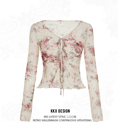 V-neck tie cardigan see-through mesh retro floral blouse