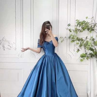 Blue satin long prom a-line formal evening dress - Thumbnail 1