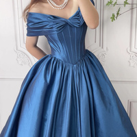 Blue Satin Long Prom A-Line Formal Evening Dress - Thumbnail 3