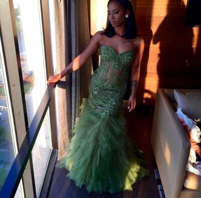 Green Sheath Prom Dresses Appliques African Girls Evening Formal Dress Birthday Party Gown
