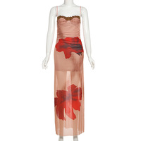 Plant print slim fit sleeveless backless slim color matching lace suspender long dress - Thumbnail 2